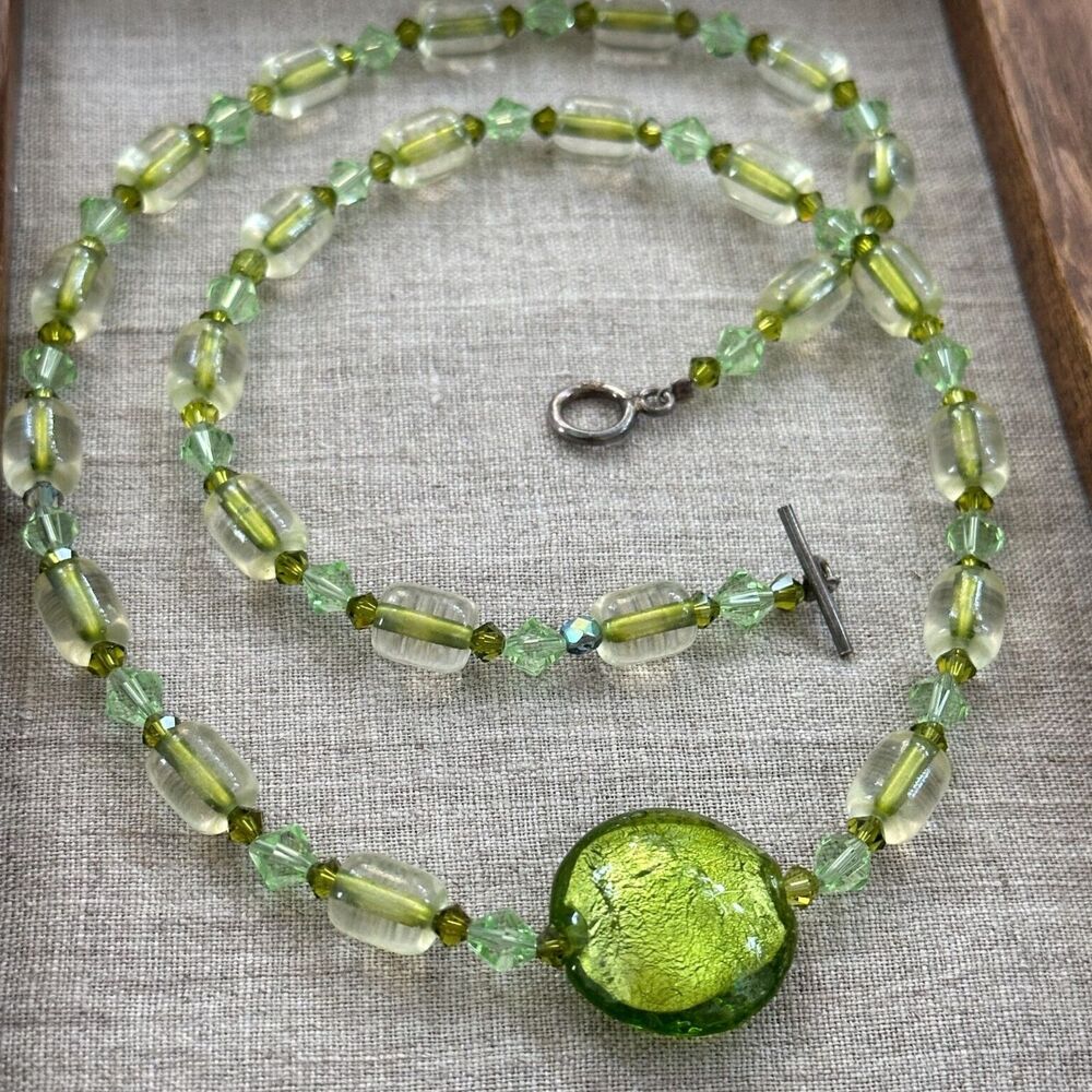 Vintage Green Art Glass & Crystal Beaded Necklace Dichroic Sterling Silver 23"